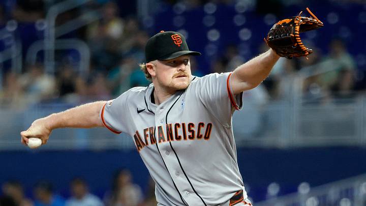 Jun 21, 2026; Miami, Florida, USA;  San Francisco Giants starting pitcher Logan Webb (62) throws against the Miami Marlins during the first inning at loanDepot Park. 