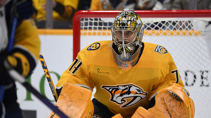 Dec 19, 2023; Nashville, Tennessee, USA; Nashville Predators goaltender Juuse Saros (74) watches the