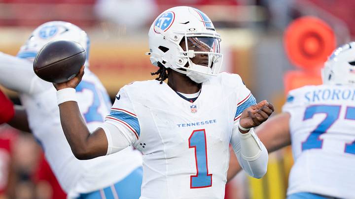 August 13, 2026; Santa Clara, California, USA; Tennessee Titans quarterback Cam Ward (1) passes the football during the second quarter against the San Francisco 49ers at Levi's Stadium. Mandatory Credit: Kyle Terada-Imagn Images