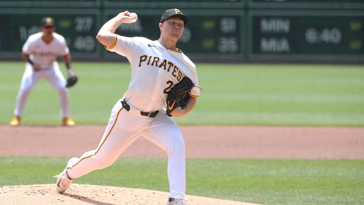 Jul 2, 2025; Pittsburgh, Pennsylvania, USA;  Pittsburgh Pirates starting pitcher Mitch Keller (23) delivers a pitch against the St. Louis Cardinals during the first inning at PNC Park. Mandatory Credit: Charles LeClaire-Imagn Images