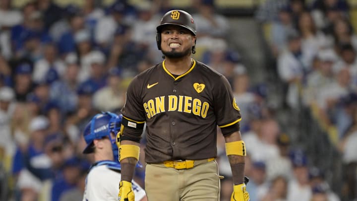 Oct 11, 2024; Los Angeles, California, USA; San Diego Padres first baseman Luis Arraez (4) reacts at bat in the sixth inning against the Los Angeles Dodgers during game five of the NLDS for the 2024 MLB Playoffs at Dodger Stadium. Mandatory Credit: Jayne Kamin-Oncea-Imagn Images Oct 11, 2024; Los Angeles, California, USA; San Diego Padres first baseman Luis Arraez (4) reacts at bat in the sixth inning against the Los Angeles Dodgers during game five of the NLDS for the 2024 MLB Playoffs at Dodger Stadium. Mandatory Credit: Jayne Kamin-Oncea-Imagn Images