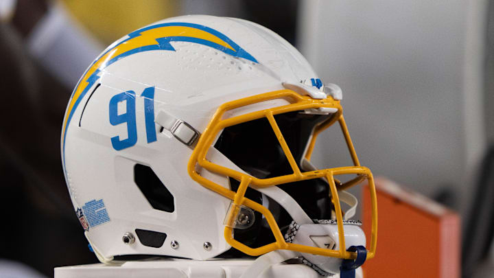 Aug 25, 2023; Santa Clara, California, USA;  General view of the helmet belonging to Los Angeles Chargers defensive tackle Christopher Hinton (not pictured) before the start of the third quarter against the San Francisco 49ers at Levi's Stadium. Mandatory Credit: Stan Szeto-Imagn Images