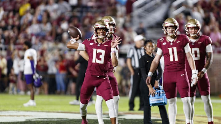 Nov 18, 2023; Tallahassee, Florida, USA; Florida State Seminoles quarterback Jordan Travis (13) throws a pass during the warm ups against the North Alabama Lions at Doak S. Campbell Stadium. Mandatory Credit: Morgan Tencza-Imagn Images