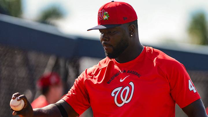 Feb 16, 2026; West Palm Beach, FL, USA; Washington Nationals pitcher Eddy Yean (47) works during spring training at CACTI Park of The Palm Beaches. Mandatory Credit: Sam Navarro-Imagn Images
