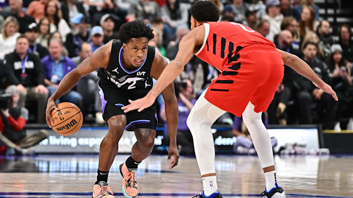 Apr 9, 2025; Salt Lake City, Utah, USA; Utah Jazz guard Collin Sexton (2) brings the ball up court while being defended by Portland Trail Blazers forward Rayan Rupert (21) in the first half at Delta Center. Mandatory Credit: Jamie Sabau-Imagn Images Apr 9, 2025; Salt Lake City, Utah, USA; Utah Jazz guard Collin Sexton (2) brings the ball up court while being defended by Portland Trail Blazers forward Rayan Rupert (21) in the first half at Delta Center. Mandatory Credit: Jamie Sabau-Imagn Images