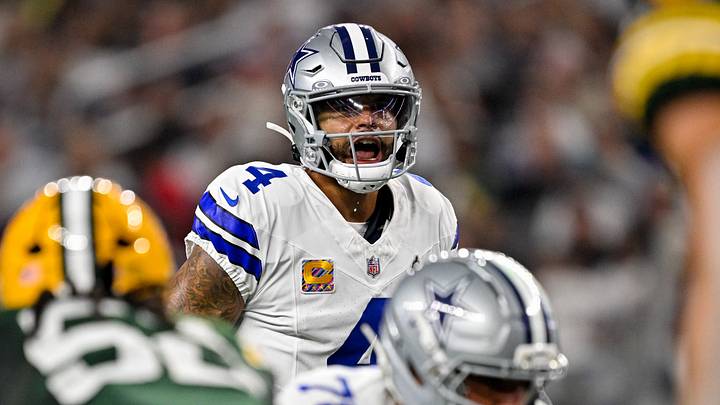 Dallas Cowboys quarterback Dak Prescott looks to set the play during a game against the Green Bay Packers at AT&T Stadium. Dallas Cowboys quarterback Dak Prescott looks to set the play during a game against the Green Bay Packers at AT&T Stadium.
