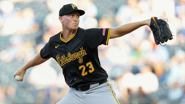 Jul 8, 2025; Kansas City, Missouri, USA; Pittsburgh Pirates starting pitcher Mitch Keller (23) pitches during the first inning against the Kansas City Royals at Kauffman Stadium. Mandatory Credit: Jay Biggerstaff-Imagn Images