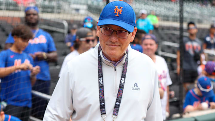 Sep 30, 2024; Atlanta, Georgia, USA; New York Mets owner Steve Cohen on the field before a game against the Atlanta Braves at Truist Park. Mandatory Credit: Brett Davis-Imagn Images