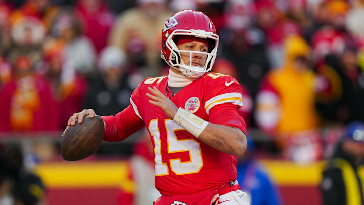 Dec 14, 2025; Kansas City, Missouri, USA; Kansas City Chiefs quarterback Patrick Mahomes (15) throws a pass during the second half against the Los Angeles Chargers at GEHA Field at Arrowhead Stadium. Mandatory Credit: Jay Biggerstaff-Imagn Images