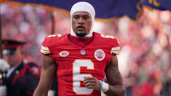 Oct 12, 2023; Kansas City, Missouri, USA; Kansas City Chiefs safety Bryan Cook (6) on field against the Los Angeles Chargers prior to a game at GEHA Field at Arrowhead Stadium. Mandatory Credit: Denny Medley-USA TODAY Sports