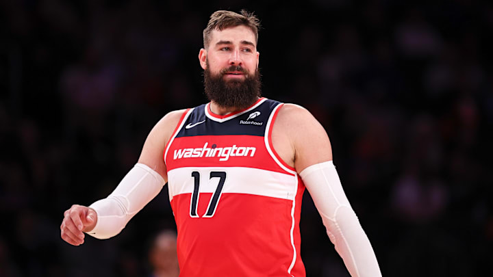 Oct 9, 2024; New York, New York, USA; Washington Wizards center Jonas Valanciunas (17) reacts during the second half against the New York Knicks at Madison Square Garden. Mandatory Credit: Vincent Carchietta-Imagn Images
