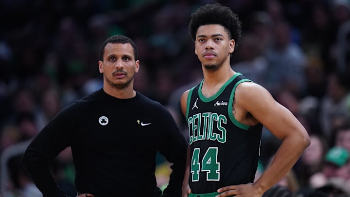 Dec 27, 2024; Boston, Massachusetts, USA; Boston Celtics head coach Joe Mazzulla talks with guard Jaden Springer (44) from the sideline as they take on the Indiana Pacers at TD Garden. Mandatory Credit: David Butler II-Imagn Images