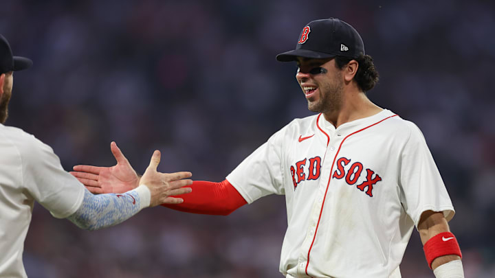 Jun 11, 2025; Boston, Massachusetts, USA; Boston Red Sox third baseman Marcelo Mayer (39) celebrates with Boston Red Sox shortstop Trevor Story (10) during the sixth inning against the Tampa Bay Rays at Fenway Park. Mandatory Credit: Paul Rutherford-Imagn Images Jun 11, 2025; Boston, Massachusetts, USA; Boston Red Sox third baseman Marcelo Mayer (39) celebrates with Boston Red Sox shortstop Trevor Story (10) during the sixth inning against the Tampa Bay Rays at Fenway Park. Mandatory Credit: Paul Rutherford-Imagn Images