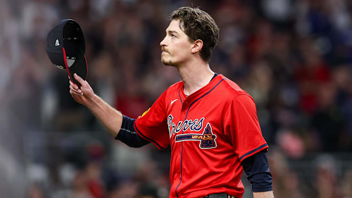 Sep 27, 2024; Atlanta, Georgia, USA; Atlanta Braves starting pitcher Max Fried (54) tips his hat to the crowd after being removed from a game against the Kansas City Royals in the ninth inning at Truist Park. Mandatory Credit: Brett Davis-Imagn Images