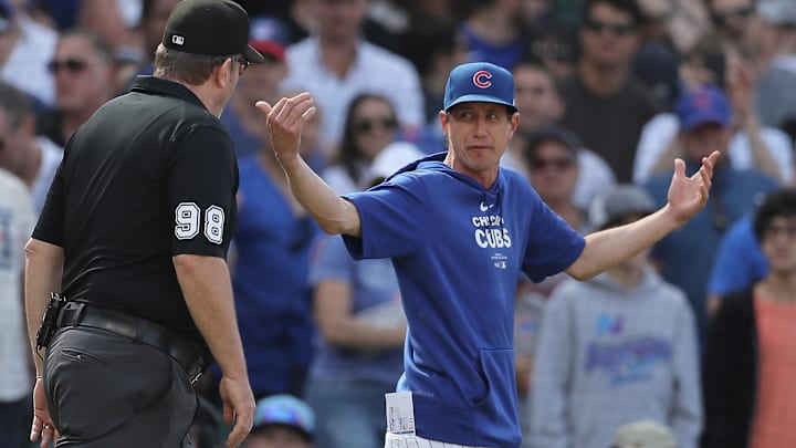 May 31, 2024; Chicago, Illinois, USA; Chicago Cubs manger Craig Counsell reacts to a call that stands after a review during the ninth inning against the Cincinnati Reds at Wrigley Field. Mandatory Credit: Melissa Tamez-USA TODAY Sports