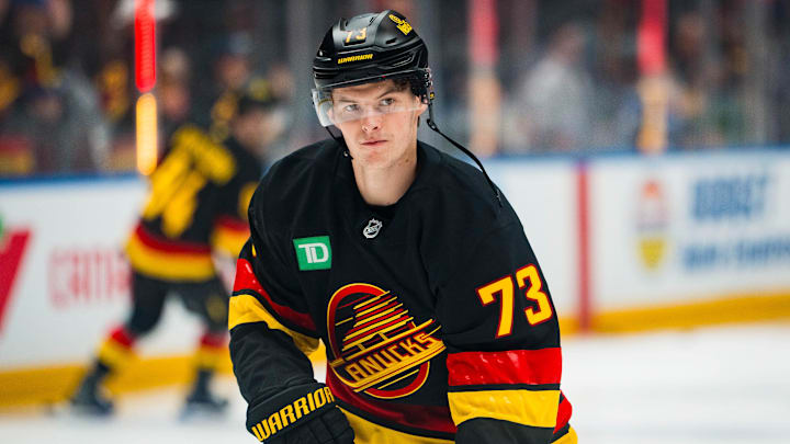 Oct 28, 2025; Vancouver, British Columbia, CAN; Vancouver Canucks forward Lukas Reichel (73) shoots during warm up prior to a game against the New York Rangers at Rogers Arena. Mandatory Credit: Bob Frid-Imagn Images Oct 28, 2025; Vancouver, British Columbia, CAN; Vancouver Canucks forward Lukas Reichel (73) shoots during warm up prior to a game against the New York Rangers at Rogers Arena. Mandatory Credit: Bob Frid-Imagn Images