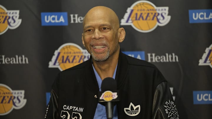 Feb 9, 2023; Los Angeles, California, USA; Kareem Abudl-Jabbar, former Los Angeles Laker and NBA Hall of Famer, answers questions during a press conference prior to the game between the Los Angeles Lakers and the Milwaukee Bucks at Crypto.com Arena. Mandatory Credit: Jayne Kamin-Oncea-Imagn Images