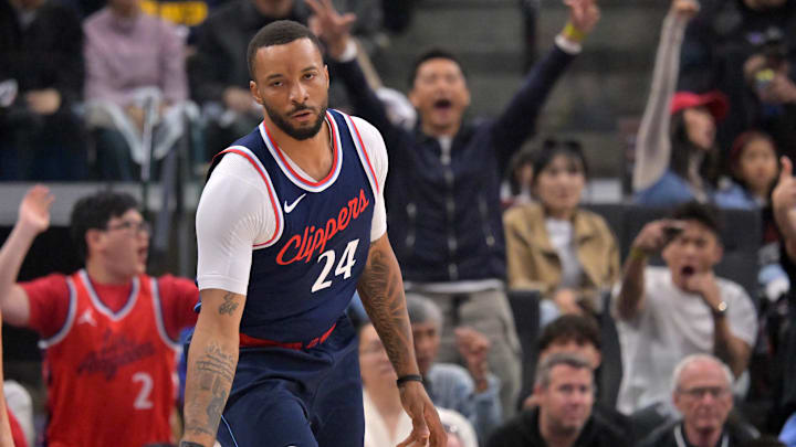 Apr 26, 2025; Inglewood, California, USA; Los Angeles Clippers guard Norman Powell (24) heads down court after a 3-point basket in the first half of game four of round one of the 2024 NBA Playoffs against the Denver Nuggets at Intuit Dome. Mandatory Credit: Jayne Kamin-Oncea-Imagn Images