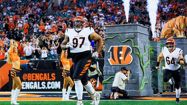 Aug 13, 2026; Cincinnati, Ohio, USA; Cincinnati Bengals defensive tackle Dexter Lawrence II (97) runs onto the field before the game against the Detroit Lions at Paycor Stadium. Mandatory Credit: Katie Stratman-Imagn Images