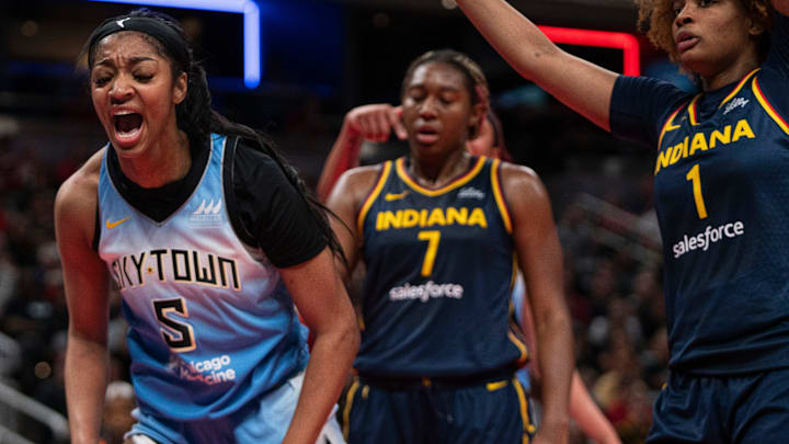 Chicago Sky forward Angel Reese (5) reacts after scoring on Sunday June 16, 2024, during the game at Gainbridge Fieldhouse in Indianapolis. The Fever beat the Sky 91-83.