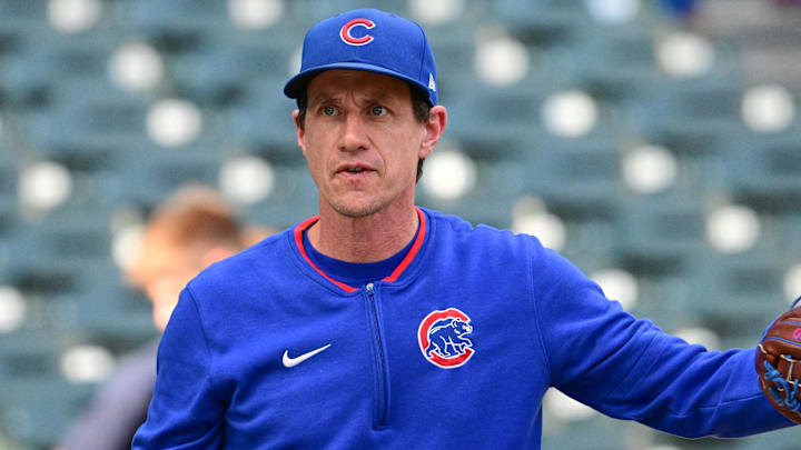Jul 28, 2025; Milwaukee, Wisconsin, USA;  Chicago Cubs manager Craig Counsell looks on during batting practice before game against the Milwaukee Brewers at American Family Field.
