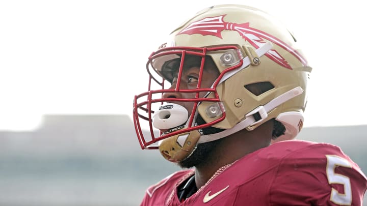 Nov 11, 2023; Tallahassee, Florida, USA; Florida State Seminoles defensive end Jared Verse (5) before the game against the Miami Hurricanes at Doak S. Campbell Stadium. Mandatory Credit: Melina Myers-USA TODAY Sports