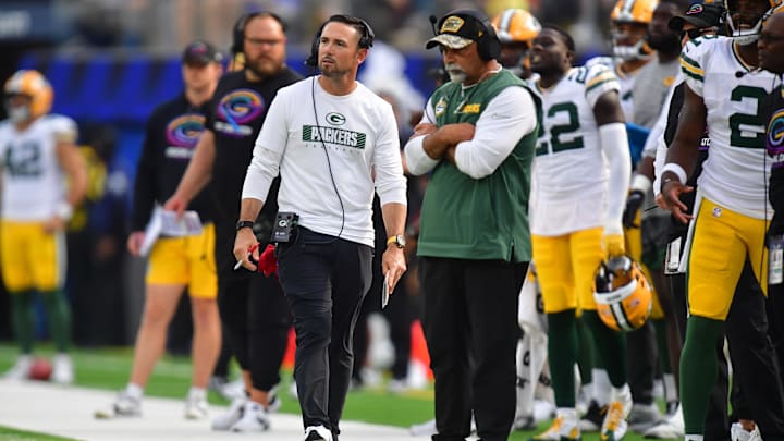 Oct 6, 2024; Inglewood, California, USA; Green Bay Packers head coach Matt LaFleur watches game action against the Los Angeles Rams during the second half at SoFi Stadium.