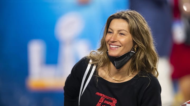 Gisele Bundchen ,ex- wife of retired quarterback Tom Brady (not pictured) celebrates after defeating the Kansas City Chiefs in Super Bowl LV at Raymond James Stadium.  