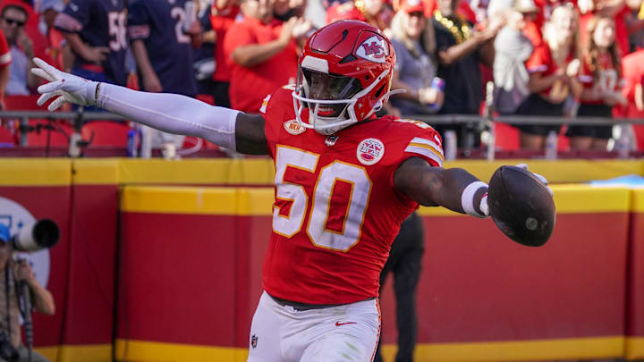 Sep 24, 2023; Kansas City, Missouri, USA; Kansas City Chiefs linebacker Willie Gay (50) celebrates