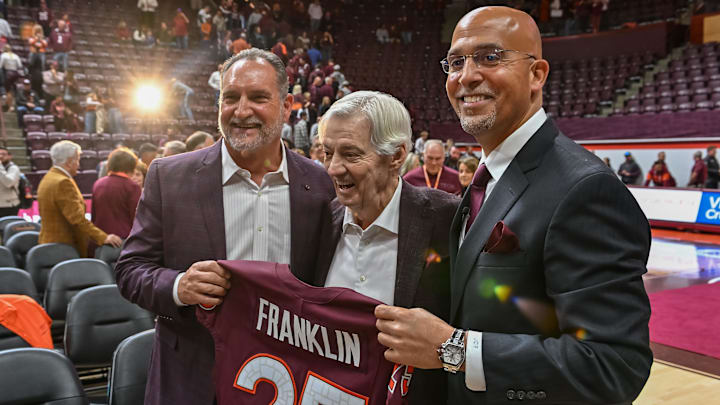Nov 19, 2025; Blacksburg, VA, USA;  Bud Foster, Frank Beamer and James Franklin after the press conference at Cassell Coliseum. Mandatory Credit: Brian Bishop-Imagn Images