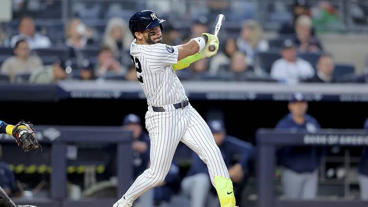 May 22, 2026; Bronx, New York, USA; New York Yankees shortstop Jose Caballero (72) follows through on a single against the Tampa Bay Rays during the fourth inning at Yankee Stadium. Mandatory Credit: Brad Penner-Imagn Images May 22, 2026; Bronx, New York, USA; New York Yankees shortstop Jose Caballero (72) follows through on a single against the Tampa Bay Rays during the fourth inning at Yankee Stadium. Mandatory Credit: Brad Penner-Imagn Images
