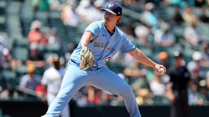 Jul 13, 2025; West Sacramento, California, USA; Toronto Blue Jays pitcher Justin Bruihl (58) throws a pitch against the Athletics during the fifth inning at Sutter Health Park. Mandatory Credit: Dennis Lee-Imagn Images Jul 13, 2025; West Sacramento, California, USA; Toronto Blue Jays pitcher Justin Bruihl (58) throws a pitch against the Athletics during the fifth inning at Sutter Health Park. Mandatory Credit: Dennis Lee-Imagn Images