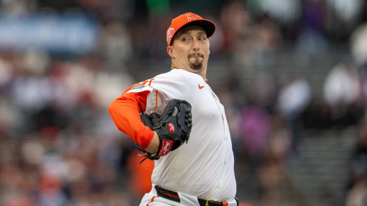 Jul 9, 2024; San Francisco, California, USA;  San Francisco Giants starting pitcher Blake Snell (7) delivers a pitch against the Toronto Blue Jays during the first inning at Oracle Park.