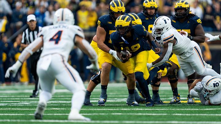 Michigan Wolverines quarterback Bryce Underwood runs with the ball in the second quarter of a game against UTEP Michigan Wolverines quarterback Bryce Underwood runs with the ball in the second quarter of a game against UTEP