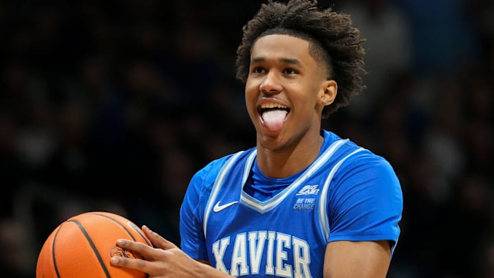 Xavier Musketeers forward Dailyn Swain (3) reacts after he gains control of the ball from the Butler Bulldogs during the first half of a game Wednesday, March 5, 2025, at Hinkle Fieldhouse in Indianapolis. Xavier defeated Butler 91-78.