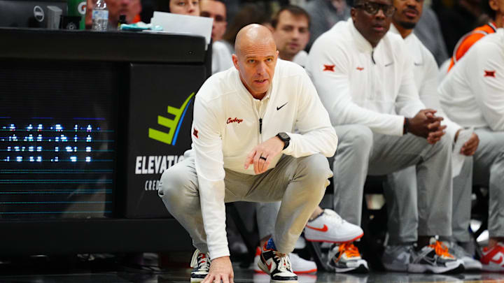 Feb 21, 2026; Boulder, Colorado, USA; Oklahoma State Cowboys head coach Steve Lutz during the game against the Colorado Buffaloes att the CU Events Center. Mandatory Credit: Ron Chenoy-Imagn Images