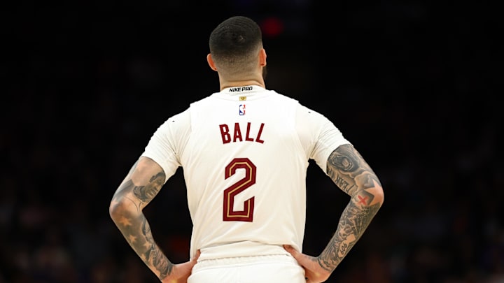 Jan 30, 2026; Phoenix, Arizona, USA; Detailed view of the jersey of Cleveland Cavaliers guard Lonzo Ball (2) against the Phoenix Suns at Mortgage Matchup Center. Mandatory Credit: Mark J. Rebilas-Imagn Images