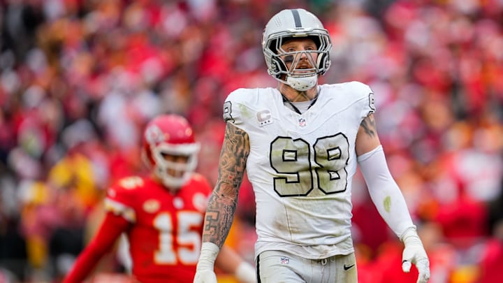 Dec 25, 2023; Kansas City, Missouri, USA; Las Vegas Raiders defensive end Maxx Crosby (98) reacts during the second half against the Kansas City Chiefs at GEHA Field at Arrowhead Stadium. Mandatory Credit: Jay Biggerstaff-USA TODAY Sports