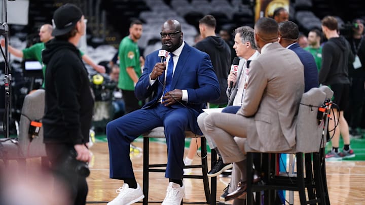 Jun 9, 2024; Boston, Massachusetts, USA; Shaquille O'Neal speaks on a broadcast before game two between the Boston Celtics and the Dallas Mavericks in the 2024 NBA Finals at TD Garden. Mandatory Credit: David Butler II-Imagn Images Jun 9, 2024; Boston, Massachusetts, USA; Shaquille O'Neal speaks on a broadcast before game two between the Boston Celtics and the Dallas Mavericks in the 2024 NBA Finals at TD Garden. Mandatory Credit: David Butler II-Imagn Images