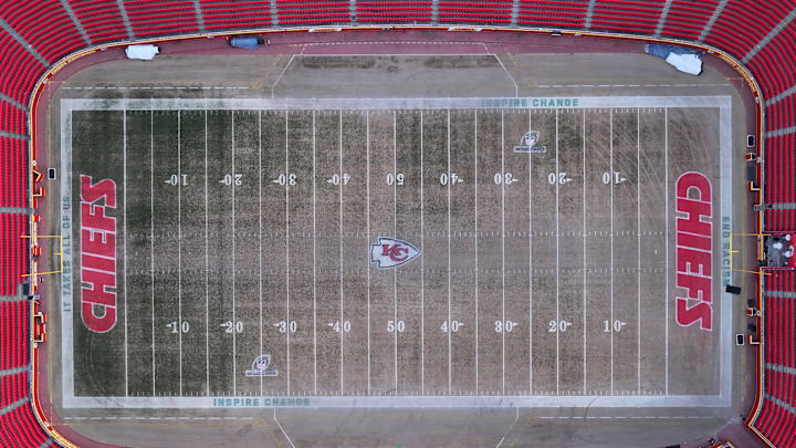 Feb 14, 2024; Kansas City, MO, USA; The Kansas City Chiefs logos at midfield and end zone at