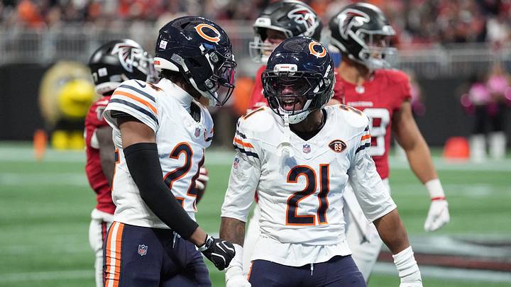 Oct 18, 2026; Atlanta, Georgia, USA;  Chicago Bears cornerback Malik Muhammad II (24) and defensive back Cam Lewis (21) celebrate during the fourth quarter against the Atlanta Falcons at Mercedes-Benz Stadium.  