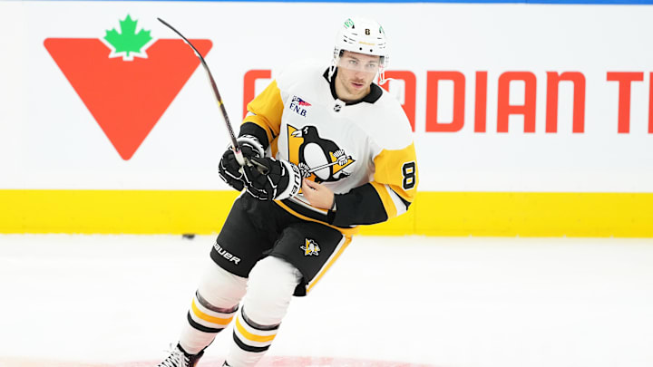 Oct 12, 2024; Toronto, Ontario, CAN; Pittsburgh Penguins left wing Michael Bunting (8) skates during the warmup before a game against the Toronto Maple Leafs at Scotiabank Arena.