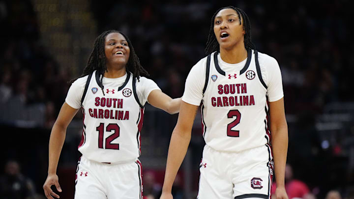 Apr 5, 2024; Cleveland, OH, USA; South Carolina Gamecocks forward Ashlyn Watkins (2) and guard MiLaysia Fulwiley (12) react in the fourth quarter against the NC State Wolfpack in the semifinals of the Final Four of the womens 2024 NCAA Tournament at Rocket Mortgage FieldHouse. Mandatory Credit: Kirby Lee-Imagn Images Apr 5, 2024; Cleveland, OH, USA; South Carolina Gamecocks forward Ashlyn Watkins (2) and guard MiLaysia Fulwiley (12) react in the fourth quarter against the NC State Wolfpack in the semifinals of the Final Four of the womens 2024 NCAA Tournament at Rocket Mortgage FieldHouse. Mandatory Credit: Kirby Lee-Imagn Images
