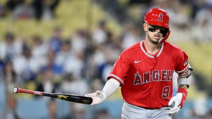 Angels infielder Zach Neto (9) drops his bat after hitting a solo home run against Los Angeles Dodgers pitcher Jack Dreyer (not pictured) during the ninth inning at Dodger Stadium on June 6, 2026. Angels infielder Zach Neto (9) drops his bat after hitting a solo home run against Los Angeles Dodgers pitcher Jack Dreyer (not pictured) during the ninth inning at Dodger Stadium on June 6, 2026.