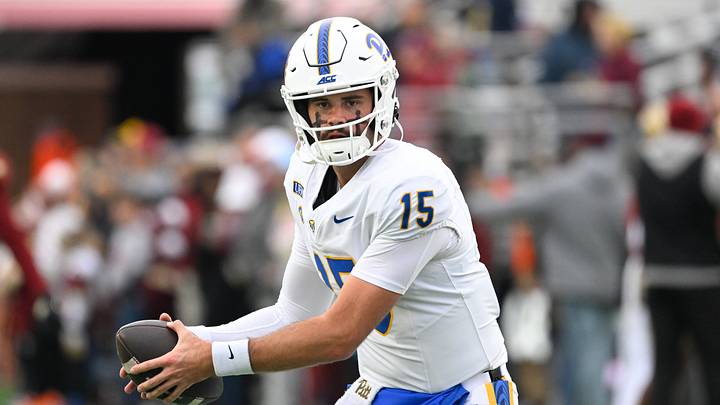 Oct 17, 2026; Chestnut Hill, MA, USA; Pittsburgh Panthers quarterback Holden Geriner (15) warms up before the start of a game against the Boston College Eagles at Alumni Stadium. Mandatory Credit: Eric Canha-Imagn Images