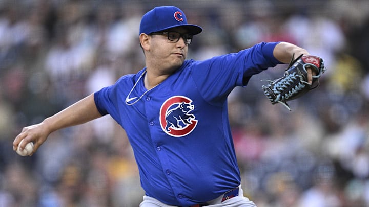 Apr 8, 2024; San Diego, California, USA; Chicago Cubs starting pitcher Javier Assad (72) throws a pitch against the San Diego Padres during the first inning at Petco Park. Apr 8, 2024; San Diego, California, USA; Chicago Cubs starting pitcher Javier Assad (72) throws a pitch against the San Diego Padres during the first inning at Petco Park.