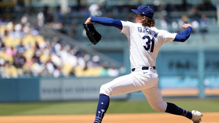 Apr 29, 2026; Los Angeles, California, USA;  Los Angeles Dodgers pitcher Tyler Glasnow (31) pitches during the fifth inning against the Miami Marlins at Dodger Stadium. Mandatory Credit: Kiyoshi Mio-Imagn Images