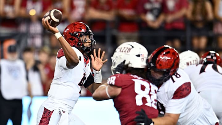 Sep 6, 2025; Pullman, Washington, USA; San Diego State Aztecs quarterback Jayden Denegal (4) throws a pass against the Washington State Cougars in the second half at Gesa Field at Martin Stadium. 