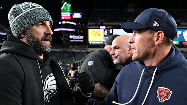 Nov 28, 2025; Philadelphia, Pennsylvania, USA; Philadelphia Eagles head coach Nick Sirianni speaks with Chicago Bears head coach Ben Johnson after the game at Lincoln Financial Field.
