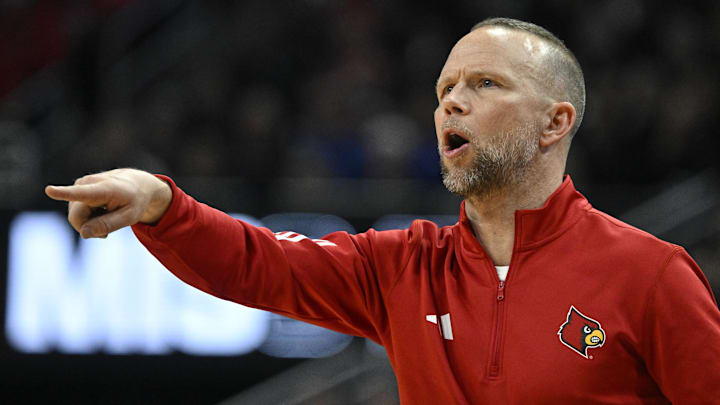 Jan 6, 2026; Louisville, Kentucky, USA;  Louisville Cardinals head coach Pat Kelsey reacts during the first half against the Duke Blue Devils at KFC Yum! Center. Duke defeated Louisville 84-73. Mandatory Credit: Jamie Rhodes-Imagn Images